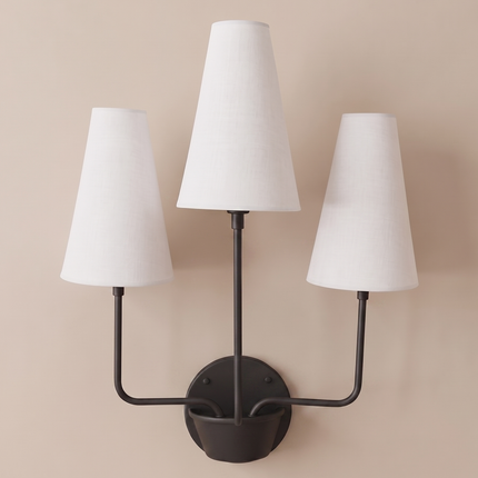 Matte Black Wall Sconce 3 Light, Modern Fabric Shade Lamp, Mid Century Lighting, Bedroom Sconce, Living Room Décor, Hardwired Home Fixture.