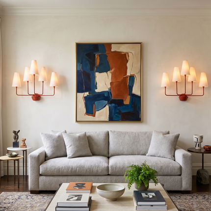 Wall Light – Modern Red 5-Light Minimalist Wall Sconce with Tall White Fabric Shades | Lighting Fixture for Living Room Bedroom Hallway