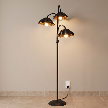 Floor Lamp with Modern Matte Black 3-Light Scalloped Metal Shades, Mid Century Modern Standing Lamp for Living Room, Bedroom Corner Decor.