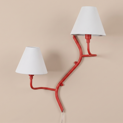 2 Light Red Wall Sconce, Sculptural Wall Lamp, White Fabric Shades, Modern Wall Light, Artistic Sconce, Living Room Bedroom Lighting design