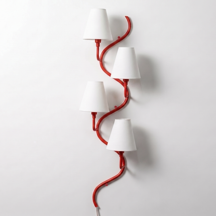 Modern Red Vertical 4-Light Wall Sconce, Curved Contemporary Wall Lamp with White Shades, Luxury Staircase Hallway Lighting Fixture