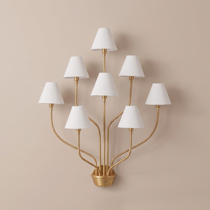 Wall Sconce in Gold Multi Arm with White Fabric Shades – Luxury 8 Light Designer Wall Lamp for Living Room Hallway Hotel & Home Decor design