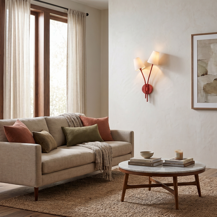 Wall Light Matte Red Designer Double Arm Sconce, Scandinavian Modern Wall Fixture with Elegant Cone Shades for Luxury Interior Styling