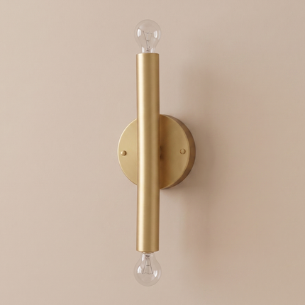 Wall Sconce Gold Brass Double Bulb Lighting Fixture – Minimalist Brass Wall Lamp for Bedroom Living Room Hallway Staircase & Interior Decor.