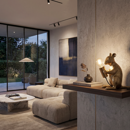 Table Lamp – Luxury Gold Mouse Table Lamp with Decorative Exposed Bulb Design | Creative Accent Lighting for Bedroom and Living Room Decor