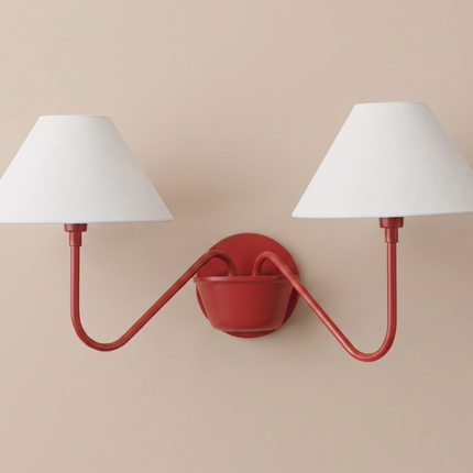 Red 2 Light Wall Sconce, Double Arm Wall Lamp with White Fabric Shades, Modern Red Wall Light, Sculptural Bedroom Lighting, Statement Decor