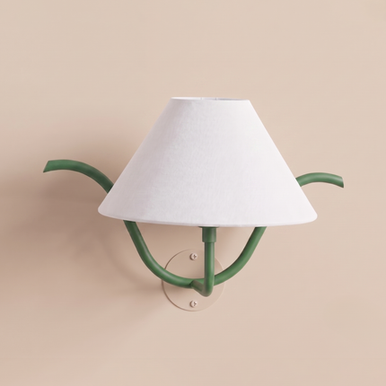 Green Wall Sconce with White Linen Shade, Modern 1 Light Wall Lamp, Curved Arm Sconce, Bedroom Lighting, Colorful Accent Light, Home Decor