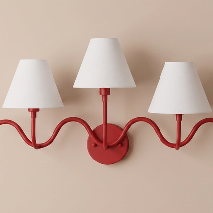 3 Light Red Wall Sconce, Sculptural Wall Lamp, White Fabric Shades, Modern Wall Light, Artistic Sconce, Statement Lighting badroom light