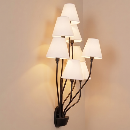 8 Light Wall Sconce, Black Wall Lamp, Large Statement Sconce, White Fabric Shades, Modern Chandelier Wall Light, Living Room Lighting