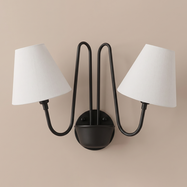 Matte Black Double Wall Sconce with White Linen Shades, Wall Light, 2 Light Bedroom Sconce, Curved Arm Lighting, Living Room Wall Lamp