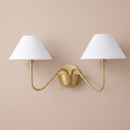 Gold Brass Double Wall Sconce, Elegant 2 Light Wall Lamp with White Shades, Luxury Bedroom Lighting for Refined Home Interiors Décor Options