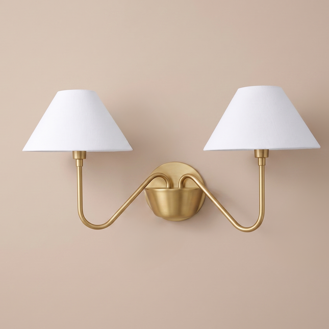 Gold Brass Double Wall Sconce, Elegant 2 Light Wall Lamp with White Shades, Luxury Bedroom Lighting for Refined Home Interiors Décor Options