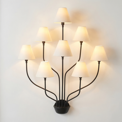 Wall Light – Matte Black 8-Light Artistic Wall Sconce with White Cone Shades | Minimal Modern Luxury Lighting Fixture for Interior Wall