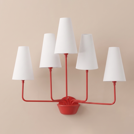 Red 5 Light Wall Sconce, Large Modern Wall Light with White Linen Shades, Colorful Statement Lighting, Mid Century Wall Lamp, Dining Room