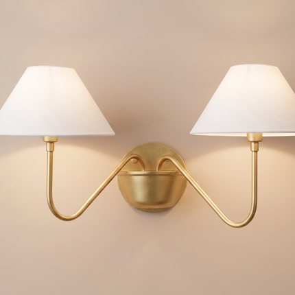 Gold Brass Double Wall Sconce, Elegant 2 Light Wall Lamp with White Shades, Luxury Bedroom Lighting for Refined Home Interiors Décor Options