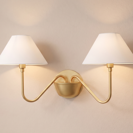 Gold Brass Double Wall Sconce, Elegant 2 Light Wall Lamp with White Shades, Luxury Bedroom Lighting for Refined Home Interiors Décor Options