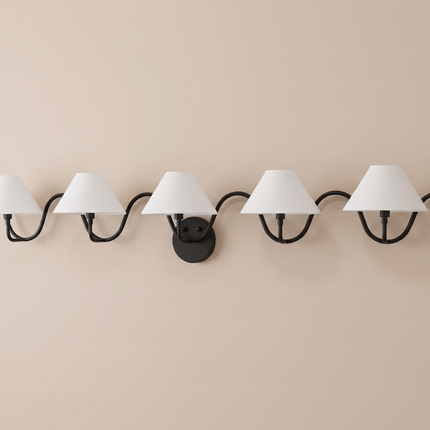 Wall Light – Black Linear 5-Light Wall Sconce with White Cone Shades | Minimal Modern Decorative Wall Lighting Fixture for Luxury Interiors