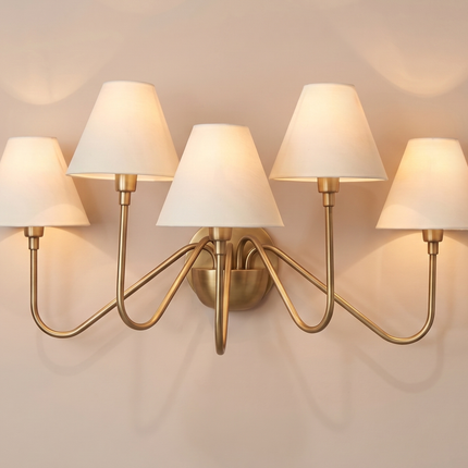 Antique Brass 5 Light Wall Sconce, Modern Wall Lamp with White Shades, Brass Wall Lighting, Mid Century Wall Light, Bedroom Home Lighting.