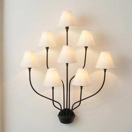 Wall Light – Matte Black 8-Light Artistic Wall Sconce with White Cone Shades | Minimal Modern Luxury Lighting Fixture for Interior Wall