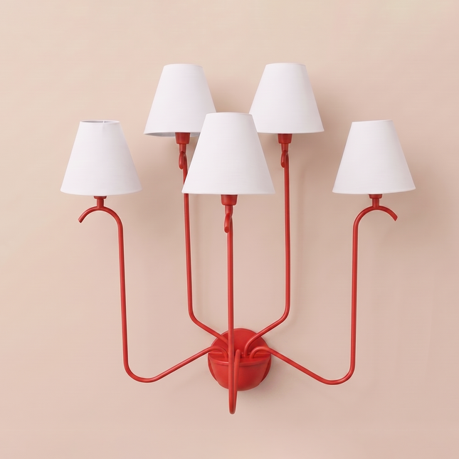 Red 5 Light Wall Sconce, Statement Multi Arm Wall Lamp with White Shades, Bold Decorative Bedroom Living Room Lighting Fixture Home Décor