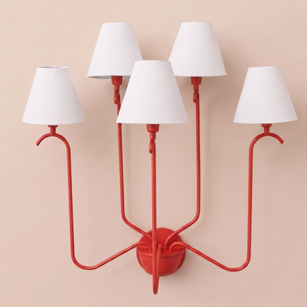 Red 5 Light Wall Sconce, Statement Multi Arm Wall Lamp with White Shades, Bold Decorative Bedroom Living Room Lighting Fixture Home Décor
