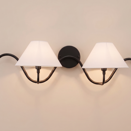 Matte Black Wall Sconce, 2 Light Wall Lamp, Modern Black Lighting Fixture, White Fabric Shade, Curved Arm Sconce, Bedroom Hallway Home Décor