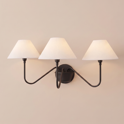 Matte Black 3 Light Wall Sconce, Modern Wall Lamp, Black Wall Light, White Shade Sconce, Curved Arm Lighting Elegant Home Decor design light