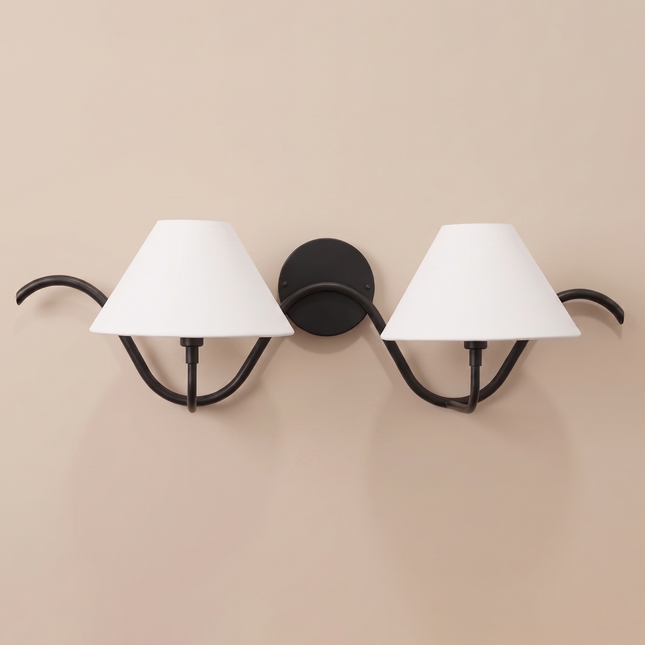 Matte Black Wall Sconce, 2 Light Wall Lamp, Modern Black Lighting Fixture, White Fabric Shade, Curved Arm Sconce, Bedroom Hallway Home Décor