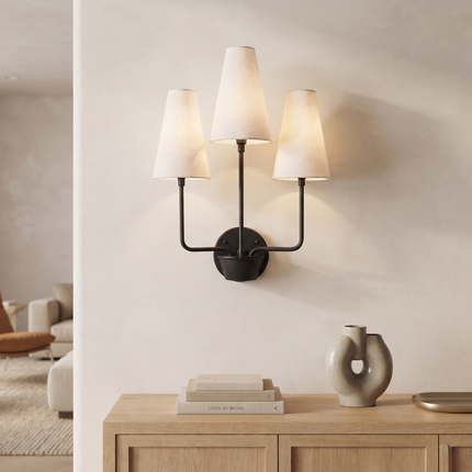 Matte Black Wall Sconce 3 Light, Modern Fabric Shade Lamp, Mid Century Lighting, Bedroom Sconce, Living Room Décor, Hardwired Home Fixture.