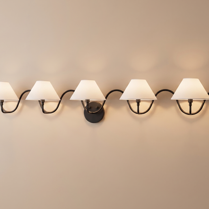 Wall Light – Black Linear 5-Light Wall Sconce with White Cone Shades | Minimal Modern Decorative Wall Lighting Fixture for Luxury Interiors