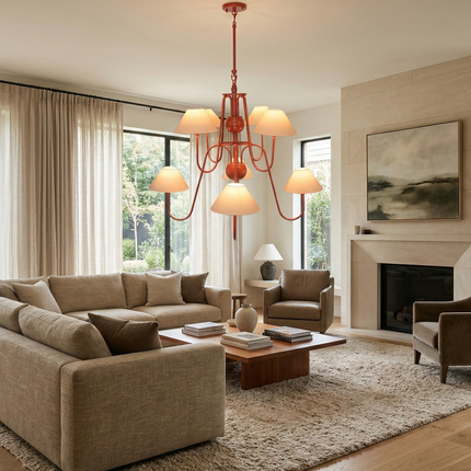 Luxury Matte Red 6 Light Chandelier with White Linen Shades | Modern Ceiling Pendant Light for Dining Room & Kitchen Island