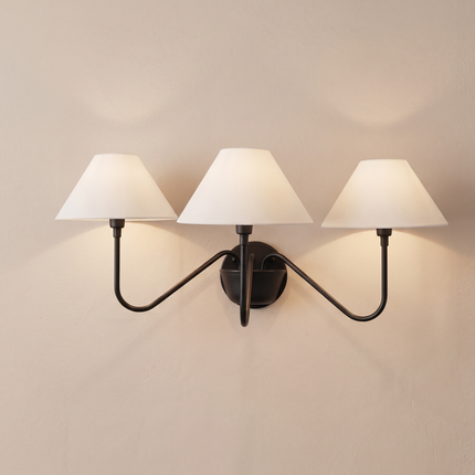 Matte Black 3 Light Wall Sconce, Modern Wall Lamp, Black Wall Light, White Shade Sconce, Curved Arm Lighting Elegant Home Decor design light