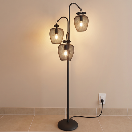 Floor Lamp in Matte Black with 3 Lights, Decorative Metal Fruit Shade Standing Lamp for Living Room, Bedroom, Entryway & Office Decoration