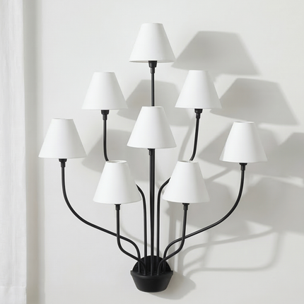 Wall Light – Matte Black 8-Light Artistic Wall Sconce with White Cone Shades | Minimal Modern Luxury Lighting Fixture for Interior Wall