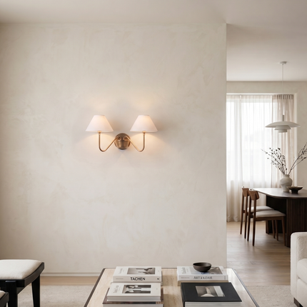 Antique Brass Double Wall Sconce, Vintage Inspired 2 Light Wall Lamp with White Shades, Elegant Lighting for Classic Home Interiors Wall Art