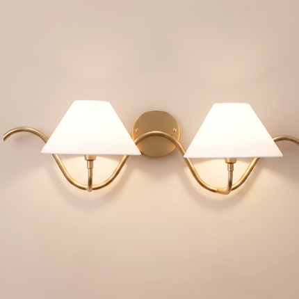 Antique Brass Wall Sconce 2 Light Brass Wall Lamp with White Fabric Shades, Modern Vintage Wall Light,Bedroom Sconce Elegant Statement Light