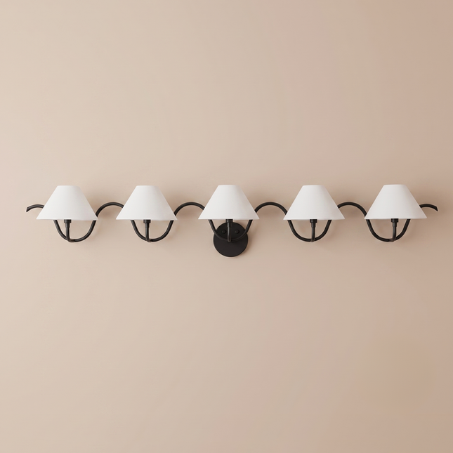 Wall Light – Black Linear 5-Light Wall Sconce with White Cone Shades | Minimal Modern Decorative Wall Lighting Fixture for Luxury Interiors
