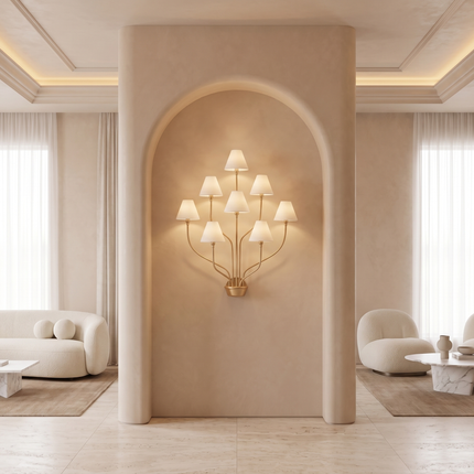 Wall Sconce in Gold Multi Arm with White Fabric Shades – Luxury 8 Light Designer Wall Lamp for Living Room Hallway Hotel & Home Decor design