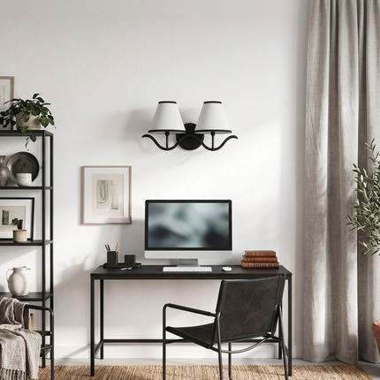Wall Sconce Modern Curved Arm Double , Black Wall Lamp with White Shades, Bedside Reading Light, Living Room and Entryway Decor