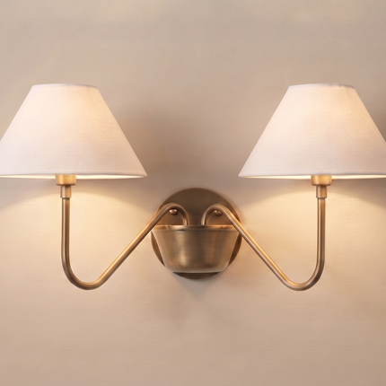 Antique Brass Double Wall Sconce, Vintage Inspired 2 Light Wall Lamp with White Shades, Elegant Lighting for Classic Home Interiors Wall Art