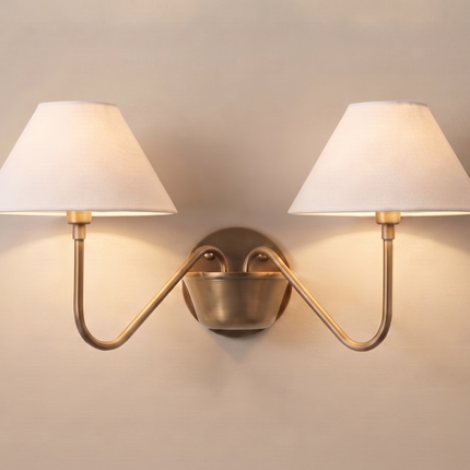 Antique Brass Double Wall Sconce, Vintage Inspired 2 Light Wall Lamp with White Shades, Elegant Lighting for Classic Home Interiors Wall Art