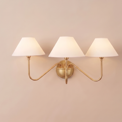 3 Light Gold Wall Sconce, Brass Wall Lamp with White Fabric Shades, Modern Vanity Lighting, Bedroom Wall Light, Dining Room Sconce, Elegant