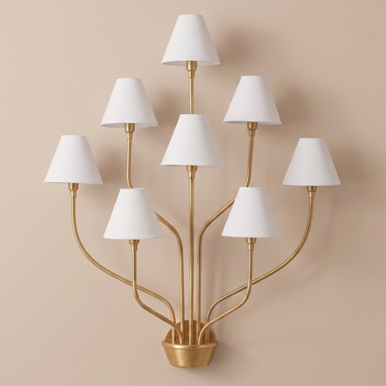 Wall Sconce in Gold Multi Arm with White Fabric Shades – Luxury 8 Light Designer Wall Lamp for Living Room Hallway Hotel & Home Decor design