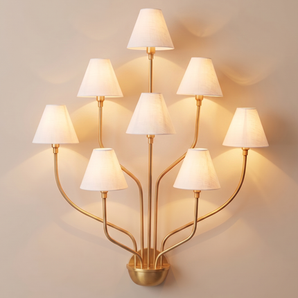 Wall Sconce in Gold Multi Arm with White Fabric Shades – Luxury 8 Light Designer Wall Lamp for Living Room Hallway Hotel & Home Decor design