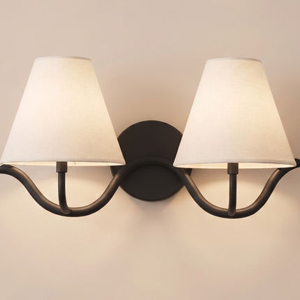 Modern 2 Light Wall Sconce Matte Black Double White Fabric Shades, Bedroom Bedside Wall Lamp, Living Room Hallway, Bathroom Vanity Fixture