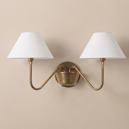 Antique Brass Double Wall Sconce, Vintage Inspired 2 Light Wall Lamp with White Shades, Elegant Lighting for Classic Home Interiors Wall Art