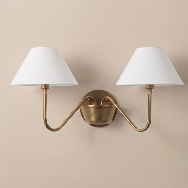 Antique Brass Double Wall Sconce, Vintage Inspired 2 Light Wall Lamp with White Shades, Elegant Lighting for Classic Home Interiors Wall Art