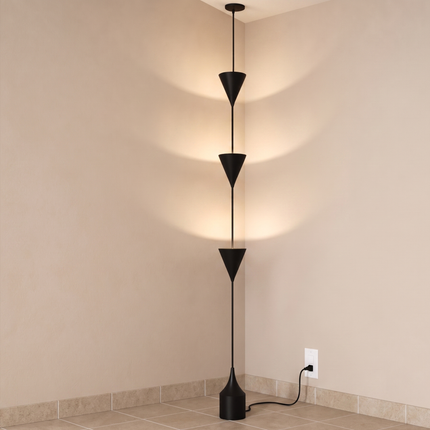 Floor Lamp Modern Matte Black Corner, Contemporary Triple Cone Standing Lamp, Scandinavian Minimalist Light for Living Room Bedroom Decor.