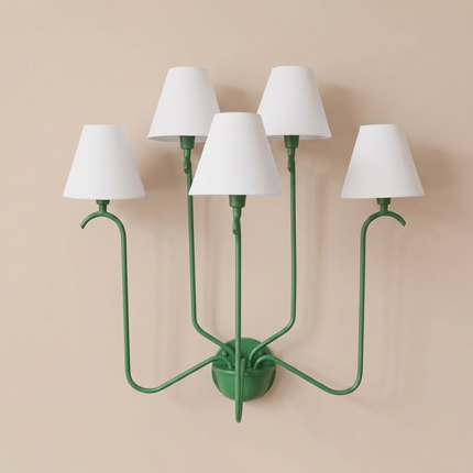 Green 5 Light Wall Sconce, Decorative Multi Arm Wall Lamp with White Shades, Modern Indoor Bedroom Living Room Lighting Fixture Home Lights