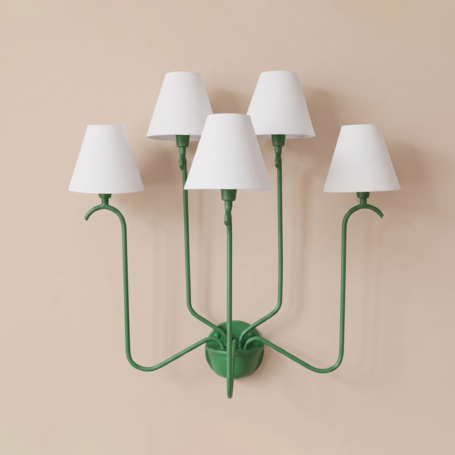 Green 5 Light Wall Sconce, Decorative Multi Arm Wall Lamp with White Shades, Modern Indoor Bedroom Living Room Lighting Fixture Home Lights